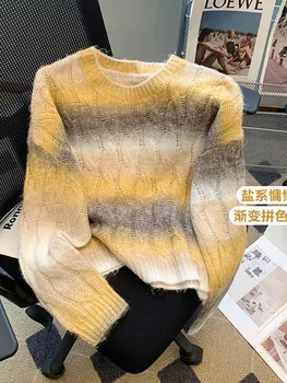 2023 Amerikos retro vaivorykštės dryžuotas megztinis Gyaru Korėjos mados džemperis 2000s estetinis laisvalaikio drabužių megztinis Y2K Aukšta kokybė