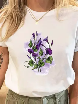 Akvarelės gėlių stiliaus tendencija 90-ųjų drabužių spauda Moterys Fashion Lady Graphic Tee Drabužiai trumpomis rankovėmis T Moteriški laisvalaikio marškinėliai
