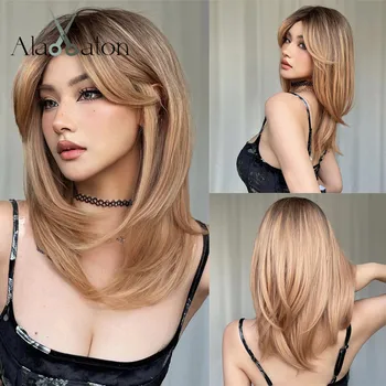 ALAN EATON Blonde sluoksniuoti sintetiniai perukai moterims ilgas tiesus rudas perukas su užuolaidų trenksmu natūraliai atrodantys karščiui atsparūs plaukai