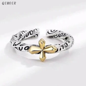 Antikvariniai sidabro aukso spalvos žiedai moterims Širdies kryžius Dviejų atspalvių metalinis vintažinis reguliuojamas dizainas Mergaičių gotikiniai vyriški papuošalai C1236