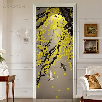 Auksinė ginkmedžio gėlių siena Art Decal lipdukas namų durims 3D lipnus dekoro atnaujinimo tapetai spausdinti hd paveikslėlis ant durų