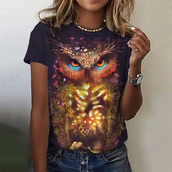 Auksinė pelėda Marškinėliai Gyvūnas 3D Print Tshirt Moterų mados marškinėliai Harajuku Tops Trišakiai Dovanėlės Tshirt Graphic Oversized Tops Ladies