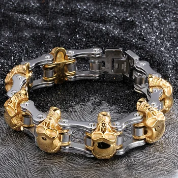 Aukščiausio dizaino sunki nerūdijančio plieno sidabro spalva ir aukso atspalvis Punk Skeleton Skull Motor Chain Bracelet Bangle Men Gift 8.66'' 18MM
