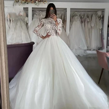 Beautiful Sexy High Collar Fluffy Mopping Nėrinių aplikacija Įspūdingos vestuvinės suknelės ilgomis rankovėmis A linijos romantiška nuotakos suknelė 2023