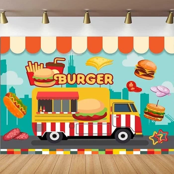 Burger gimtadienio fotografija Fonas Hamburger Truck Diner Party Photo Background Plakatas Fast Food Bday Decor Cake Table Banner