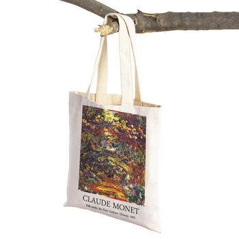 Claude Monet Garden Moterų pirkinių krepšiai Casual Canvas Dvigubas spausdinimas Dekoras Vintage Art Girl Shopper Bag Lady Tote Rankinės