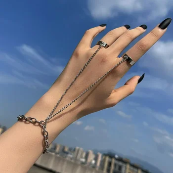 Hip Hop Punk Cool Tassel Chain Rings Multi-layer Metal Adjustable Charm Hip Hop Chain Open Rings Set Couple Fashion Jewelry
