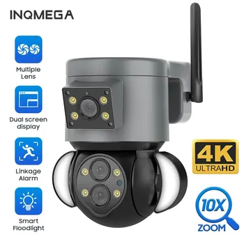INQMEGA 8MP 4K IP kamera lauko WiFi PTZ trijų objektyvų dviejų ekranų 10x priartinimo automatinis sekimas vandeniui atspari apsauga CCTV kamera su RJ45