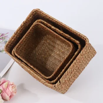Kosmetikos krepšelio laikymo konteineris Seagrass Sandėliavimas Namų dekoras Rotango rankų darbo šiaudų dėžutė Vaisių krepšeliai Krepšelis Piknikas Austi