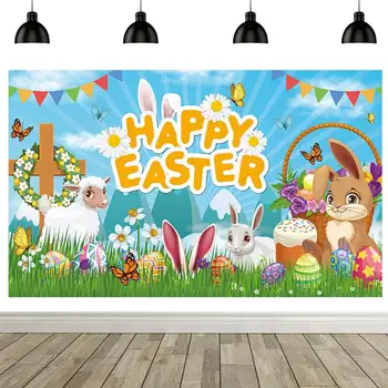 Laimingų Velykų reklamjuostė 71x44in Fono dekoracijos Zuikio kiaušinių fotografija Fonas Laimingo Velykų kiemo ženklas Fono dekoracijos