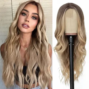 Long Dirty Blonde Wig Womens Gradient Wave Blonde Wig Synthetic Middle Part Curly Blonde Wig, tinkamas vaidmenų vakarėliams