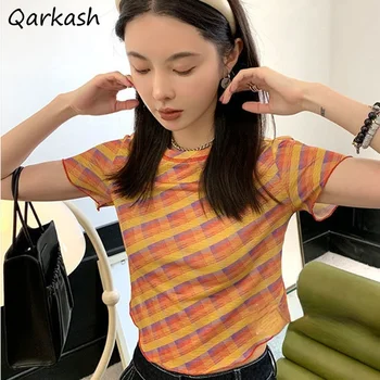marškinėliai moterims Rainbow O-neck Slim Fit Crop Tops Sweet Girlish Summer Korean Fashion Casual Style Daily Classic Retro Chic