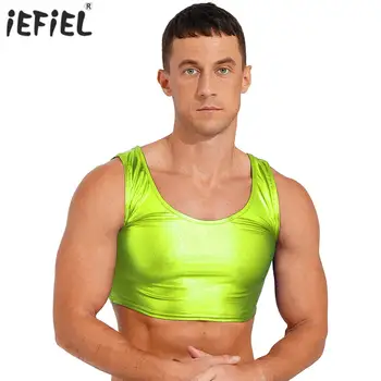 Mens Shiny Metallic Scoop Neck Tank Crop Top Fashion Sleeveless Liemenė Camisole Tops Rave Party Clubwear Male Stretchy Tees Top