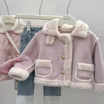 Mergaičių paltas 2023 m. ruduo ir žiema Naujas vilnos pamušalas Sutirštintas vaikų kailis Mada Kūdikių žieminiai vaikų drabužiai