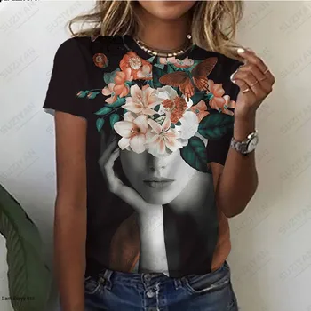 Moteriški marškinėliai apvaliu kaklu trumpomis rankovėmis Laisvi dideli personalizuoti 3D skaitmeninė spauda Vasaros karštis Parduodamas moteriškas viršus trumpomis rankovėmis