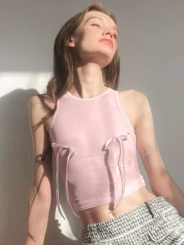 O-Neck Pink Crop Tops For Women Clothing Bow Sleeveless Y2K Accessories Slim Sexy Short Streetwear Summer Fashion Ropa De Mujer