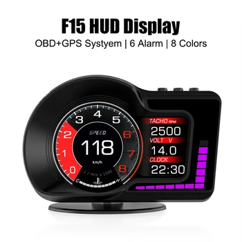 OBD GPS Dviguba sistema 6 aliarmo funkcijos Pagreitintas bandymas F15 Spidometras HUD RPM matuoklis Automobilio galvutė aukštyn Ekranas Milometras