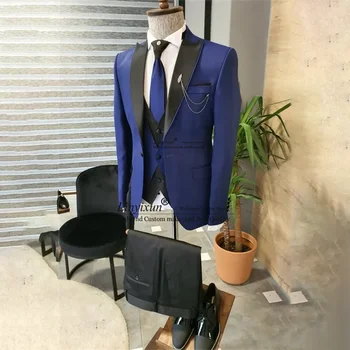 Oficialūs vyriški kostiumai Peaked Lapel Groom Wedding Tuxedos 3 Pieces Sets Business Male Blazers Slim Fit trajes elegante para hombres