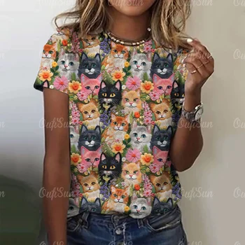 Summer Fashion Women's 3d Cute Cat Print marškinėliai Harajuku Tops Casual Casual Kawaii Ladies Tee Oversized Moteriški drabužiai