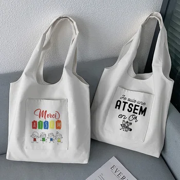 Super Atsem French Print Women Totes Bags White Canvas Bags Eco Reuable Shopping Bag Fashion Teacher Shoulder Book Bag