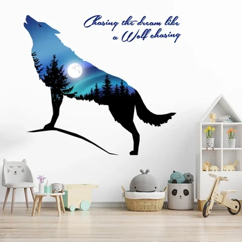 T618# Blue Wolf Howling In The Night Bright Moon Forest Mountain Wall Lipdukas Svetainės vaikų kambario fono dekoravimo plakatas