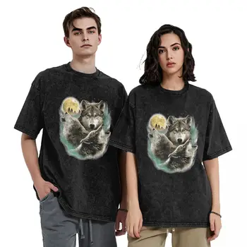 Three Wolves Howling Washed Shirt Ladies Animal Moonlight Vintage Cotton T-Shirts Summer Harajuku Tee Shirt Oversize Drabužiai