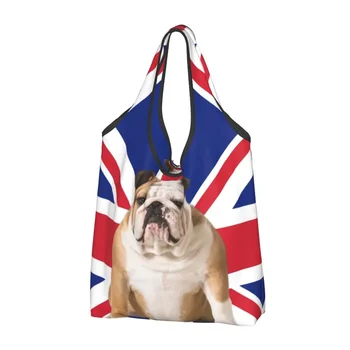Union Jack anglų buldogas Bakalėjos pirkinių krepšiai Miela Didžiosios Britanijos vėliava Patriotinis šuo Pirkėjas Pečių krepšiai Rankinės