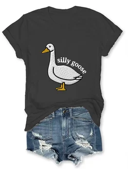Vintage Funny Big Goose Print Moteriški marškinėliai 2024 Stylis Comfort Casual Moteriški marškiniai All-match All Season Beach Style Girl Tee