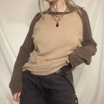 Y2K Patchwork Marškinėliai Megzti Harajuku Vintage Pullovers Casual Basic Kawaii Tee Autumn Grunge Fairycore Women Streetwear