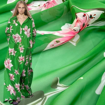 žalios gėlės 100% poliesteriu margintas audinys permatomas plonas moteriškas madingas sijonas audiniai Audinys suknelei per metrą